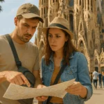 3lia som planerar sin rutt med karta